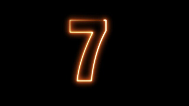 4K Ultra Hd. Teen number. Orange lights form luminous numeral 7 on black background. Appears and disappears. Electric style. Seamless loop. 3D Animation.