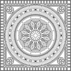 Vector coloring. Geometric floral pattern in an openwork frame. Contour drawing on a white background.