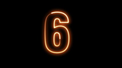 6. Six electric lighting text with fire animation on black background. 4K Video. 6 neon number. 