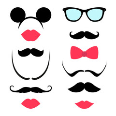 Set of mustaches, lips, glasses 