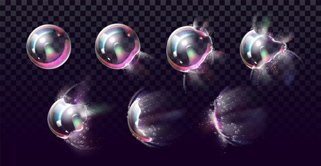 Soap bubble explosion stages. Realistic rainbow ball bursts with splashes by frame. Spherical transparent objects break. 3D bursting foam element. Vector iridescent froth spheres set