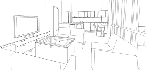 3d illustration of an open kitchen living room space. Monochrome interior  scene from eye level. 
