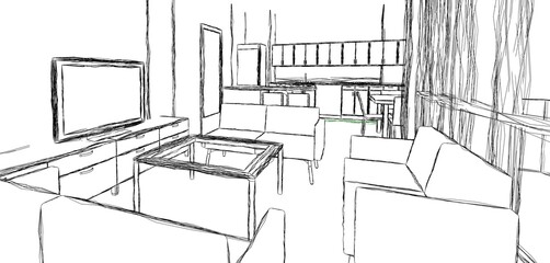 3d illustration of an open kitchen living room space. Monochrome interior  scene from eye level in hand sketch style. 