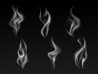 Realistic smoke streams. Different shapes swirled streams, 3d isolated transparent effects, curved waves flows, visible smell, evaporation and burning traces, cigarette vapor, vector set