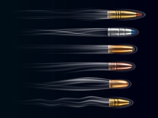 Flying bullet traces. Realistic pistol projectiles. Weapon shot. Visible path and fast motion effects. Cartridge trails. Spiral flows. Ammunition caliber. Vector gunfire templates set - obrazy, fototapety, plakaty