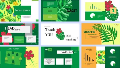 Powerpoint template set in nature style. Infographic, marketing template, presentation, brochure, banner, background. Web and landing page. 