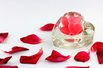 Red heart love sweets in heart shaped glass dish
