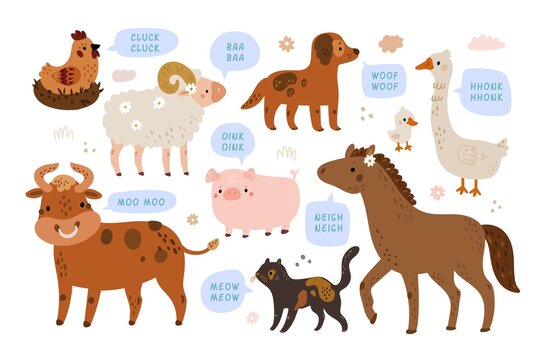 Animals sounds. Farm birds and livestock talking. Kids educational pictures. Barking dog and meowing cat. Horse or ram noise. Pigs and cows speech bubbles. Vector funny characters set