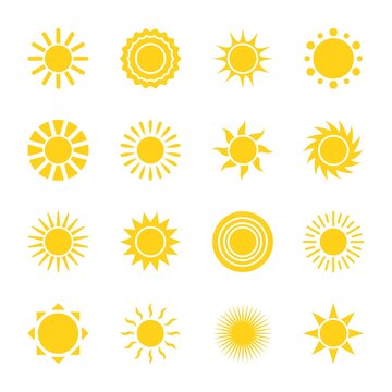 Sun icons. Simple solar labels, different shapes sunburst, decorative weather elements, yellow sunshine signs, rays forms variations, summer season symbol. Vector isolated set