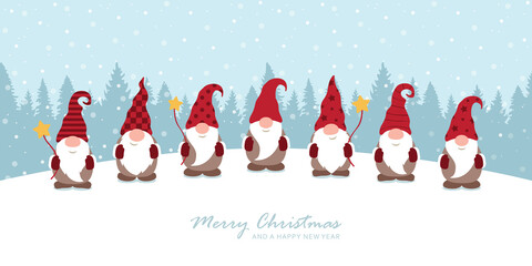 christmas greeting card with cute christmas dwarf and snowy landscape