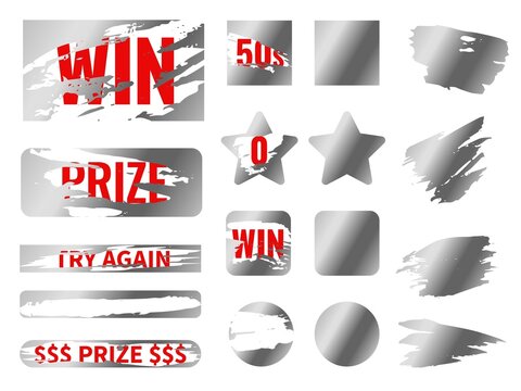Lottery silver scratch cards. Erasing metallic protective layer. Gambling ticket. Scraping textures effect. Instant win coupon. Glossy smear mockup. Vector promotional stickers set