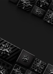 Fototapeta na wymiar Black realistic wrapped gift boxes with bows.