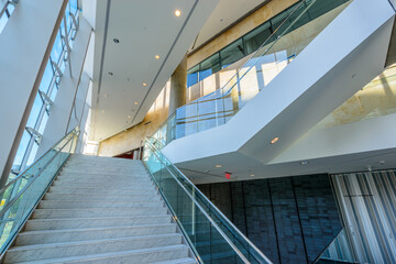 Abstract fragment of the architecture of modern lobby, hallway of the luxury hotel, shopping mall, business center in Vancouver, Canada. Interior design.