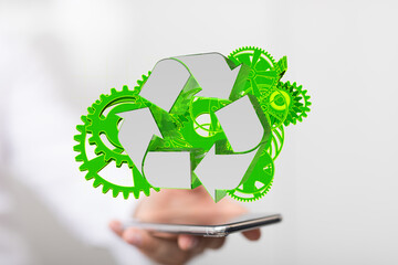 Set of green gears and cogs on black background