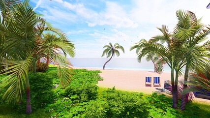 Fototapeta na wymiar 8K Ultra Hd. Beautiful blue sky tropical beach with palm tree and turquoise beach for travel and vacation in holiday relax time, 3d rendering.