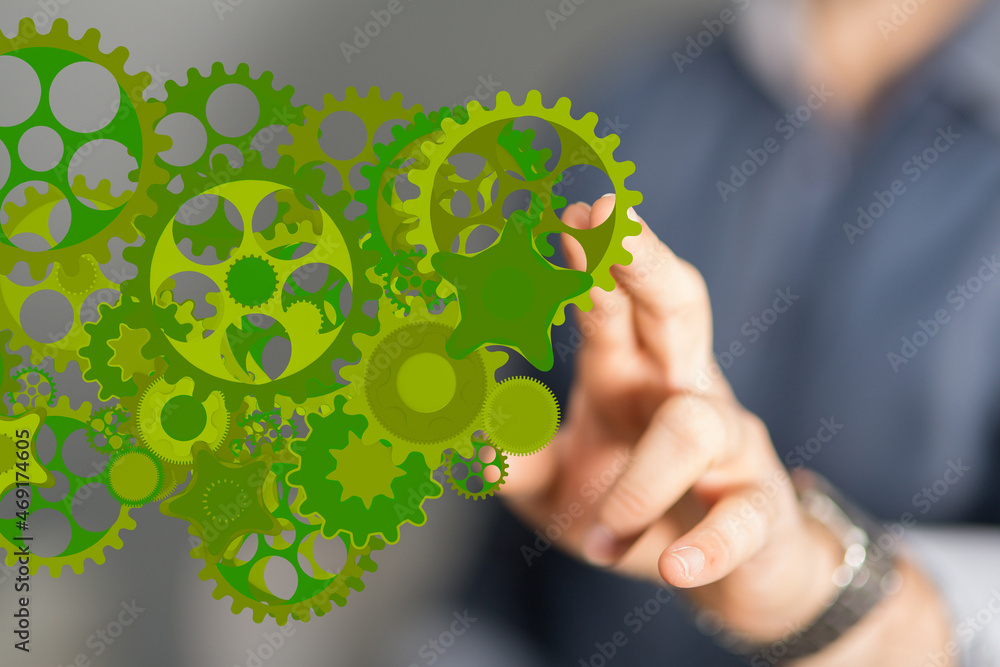 Poster set of green gears and cogs on black background