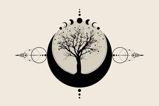 Sacred tree and crescent moon. Hand drawn Mystical Moon Phases, tree of life, Sacred geometry. Wicca banner old sign, energy circle, boho style vector isolated on vintage background