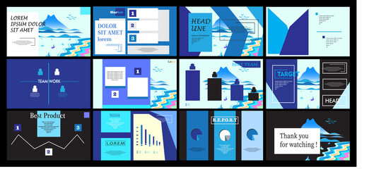 Powerpoint template set in blue and black colors. Interface, infographic, marketing template, presentation, brochure, banner, background. Web and landing page. 