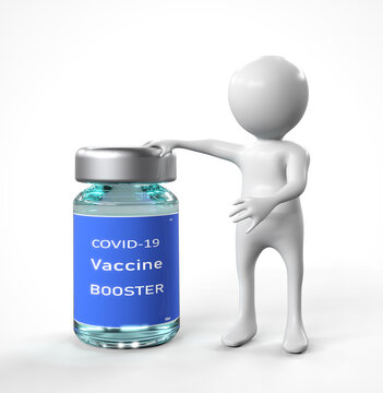 Third booster dose of the Covid-19 vaccine, little man near vaccine