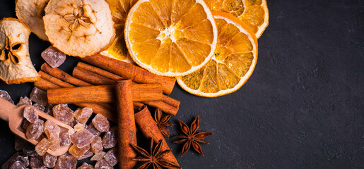 Closeup pile natural organic crystal brown rock sugar candy pile in vintage dark winter theme ingredient in sweet hot coffee spices beverage drink warm christmas mulled wine and dessert