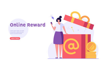 Woman stands with a smartphone and sends or receives an online gift. Concept of online gift, reward program, online gift purchase. Vector illustration in flat design for web banner, ui.