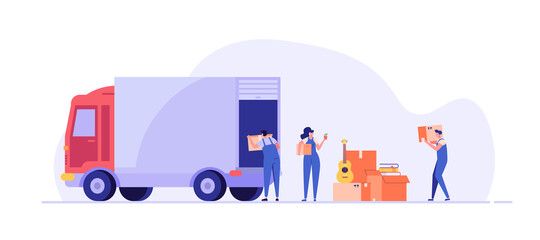 Moving service in new house or apartment. Delivery truck with cardboard boxes for home stuff. Movers moving in new home. We’re moving concept. Vector illustration for Web Design