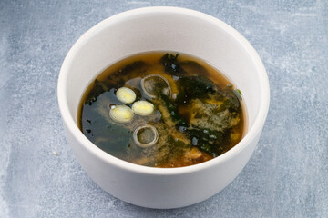 Japanese miso soup with tofu on the table