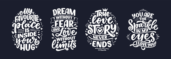 Set with slogans about love in calligraphy style. Vector abstract lettering compositions. Trendy graphic design for print. Motivation posters. Quotes for Valentine's Day.
