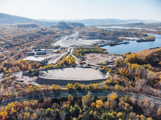 Aerial view of the industrial zone for the extraction and loading of limestone and sand.