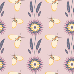 Seamless pattern, endless texture - stylized flowers and moths. Wallpapers, textiles, packaging