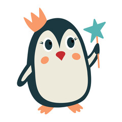 Penguin princess wearing a crown and a star on a stick. Magic Christmas penguin character