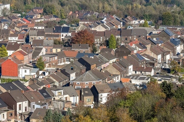 Fototapeta na wymiar maison Logement immobilier toit vue aerienne Charleroi Dampremy Terril panorama Wallonie Belgique