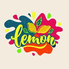 Lemon logo. Handwritten text, yellow lemons illustration for banner, poster, menu, signage, advertisement, card, package design. Hand lettering on bright colorful background. Modern brush calligraphy