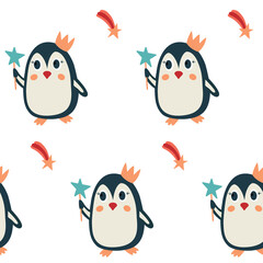 Penguin princess with magic wand and crown, shooting stars seamless holiday pattern