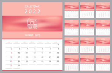 Calendar 2022, Sunday week start, planner template, vector illustration