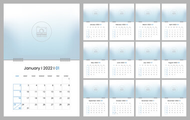 Calendar template for 2022, minimalist day planner, week starts on sunday