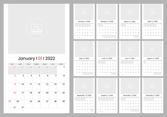 Calendar template for 2022, start of the week on Sunday, daily planner template in minimalist style, vector illustration