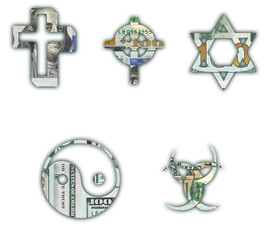 Religions signs with 100 dollars texture isolated on white background