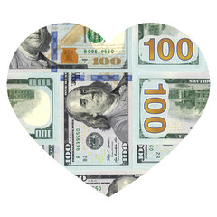 Heart shaped sign made with many new 100 dollar banknotes