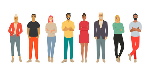 Personas. Hombres y mujeres de pie. Grupo o equipo de trabajo. Diversidad de personas. Ilustración vectorial, estilo colores