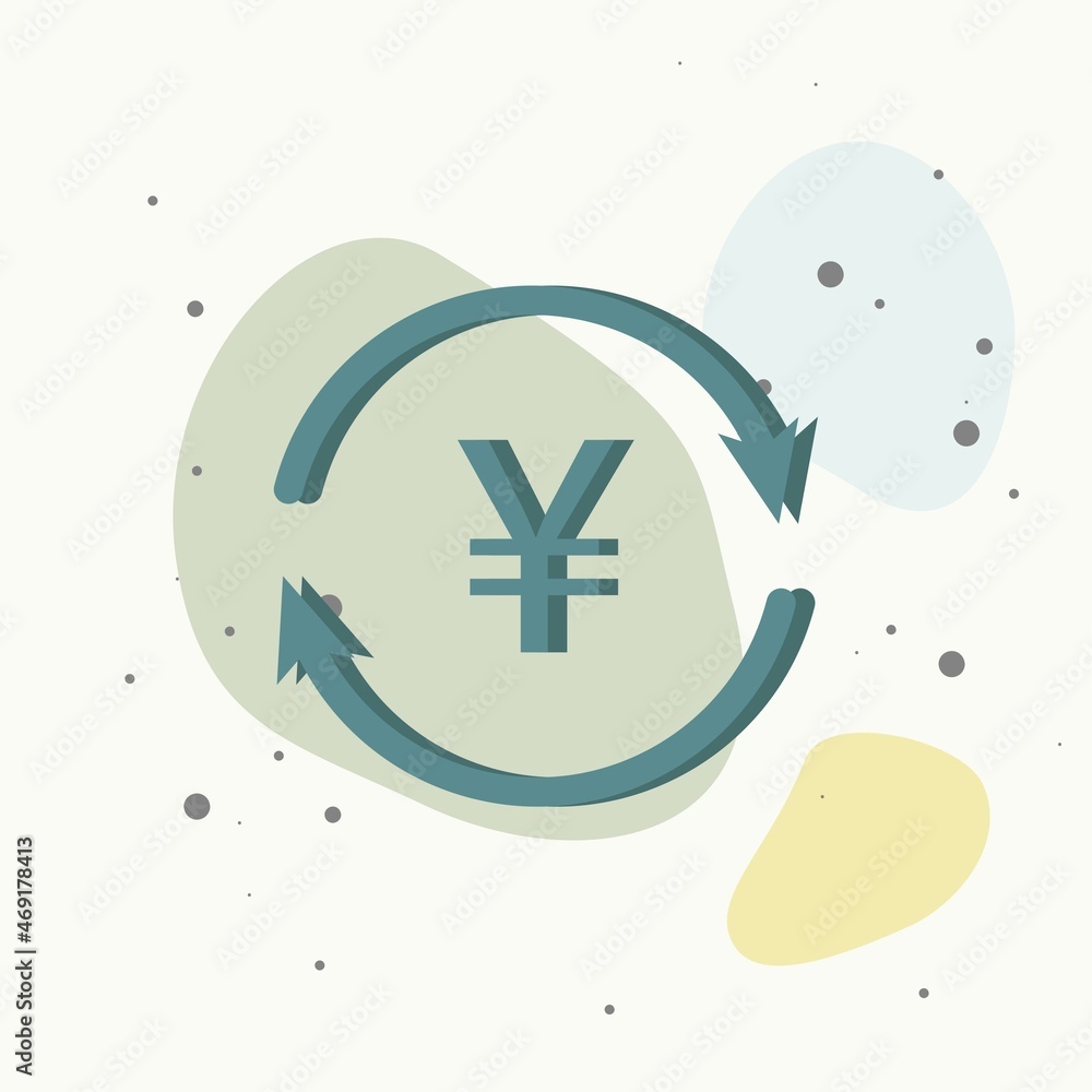 Poster vector circle icon with arrow and yen sign. currency exchange symbol on multicolored background.