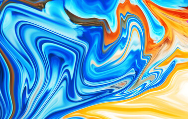 3840x2160 Swirls of marble. Liquid marble texture. Marble ink colorful. Fluid art. Very Nice Abstract Colorful Design Orange And Blue Swirl Texture Background Marbling Video. 3D Rendering, 4K.
