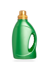 Green bottle with washing powder. Bottle isolate on a white background. Liquid detergent in a bottle.