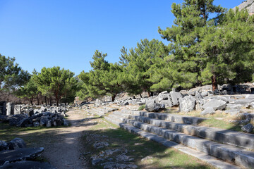 view of agora in ancient town Priene in Turkey with fragments of marble columns