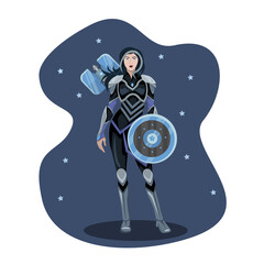 woman in full length with battle ax and shield among the stars