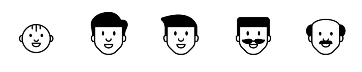 Conjunto de caras de personaje, bebé, niño, adolescente, adulto y anciano. Etapas de un hombre. Concepto de línea de tiempo de un hombre. Ilustración vectorial