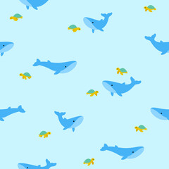 Simple seamless trendy animal pattern with whale and turtle. Simple flat vector illustration.