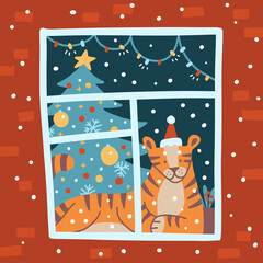 The symbol of 2022 Tiger lies on a windowsill in a room with a Christmas tree. Outside view. Snowy weather outdoors. Vector flat hand drawn illustration