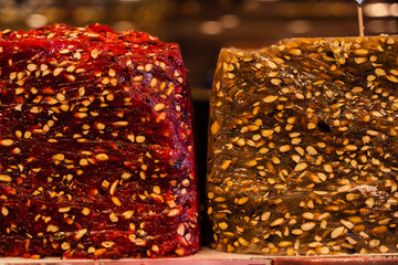 Turkish delight lokum in market. Turkish sweets street food.