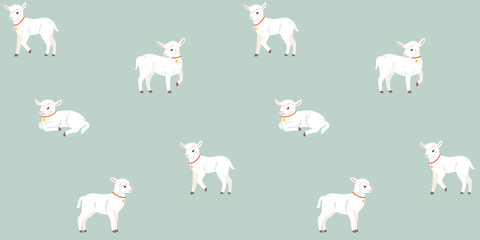 Cartoon lamb - seamless trendy pattern with animal in various poses. Contour vector illustration for prints, clothing, packaging and postcards. © Lili Kudrili